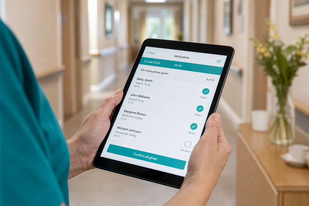 Carer using CareStead's tablet eMAR to complete a medication round